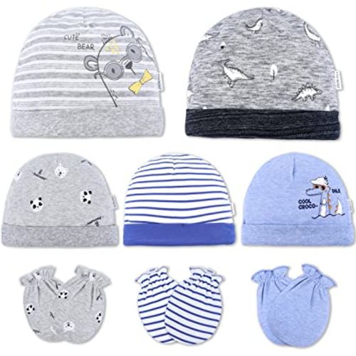 DOKMA Organic Cotton Hat and Mittens Set with Lovely Design for Newborn, Babies 0-12 Months - Super Soft, No Scratches - 5 Hats x 3 Mittens