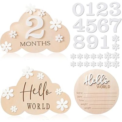 3 Pcs Baby Monthly Milestone Cards, Wooden Baby Month Sign with 11 Numbers and 16 Petal Flower Accessories, Baby Monthly Cards Baby Announcement Sign Baby Milestone Cards for Photo Prop Baby Shower