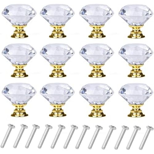 YourGift 12 Pack Drawer Knobs Diamond Shaped Crystal Glass 30mm Cabinet Knobs Pull Handles (Gold)