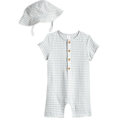 Baby Print Cotton Henley Romper & Hat Set, 6M, Green Mirror Gingham