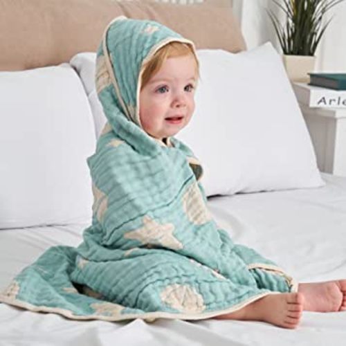HardNok Bamboo Muslin Baby Towel Hooded,32 x 32 inches Silk Soft and Comfortable 6 Layer Large Bath Towel for Boys,Girls(Ocean Green)…