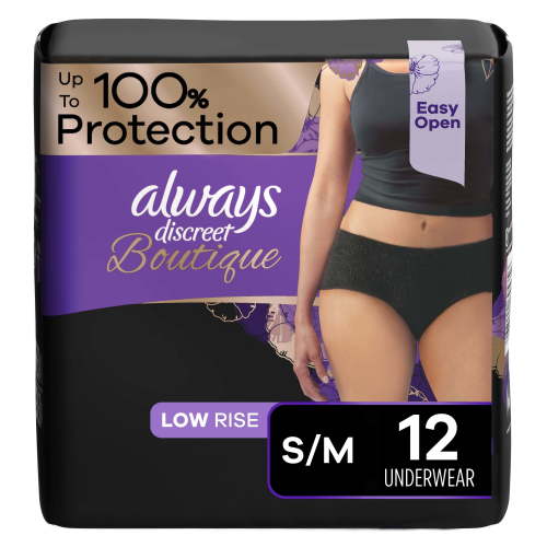 Always Discreet Boutique Disposable Incontinence Underwear, Maximum Protection, S/M, Black, 12 Ct