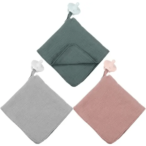 3 Pieces Organic Cotton Muslin Baby Blanket with Snap Closure Pacifier Blanket Loveys for Babies Mini Baby Lovey with Holder Security Blanket (Pacifier Not Included)