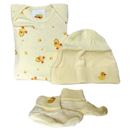 Vintage New Little Suzy's Zoo Infant Baby 4pc Starter Set One-Piece Onesie Underwear Yellow Witzy Duck Hat Booties Baby Shower Gift 0-3 Month / Newborn