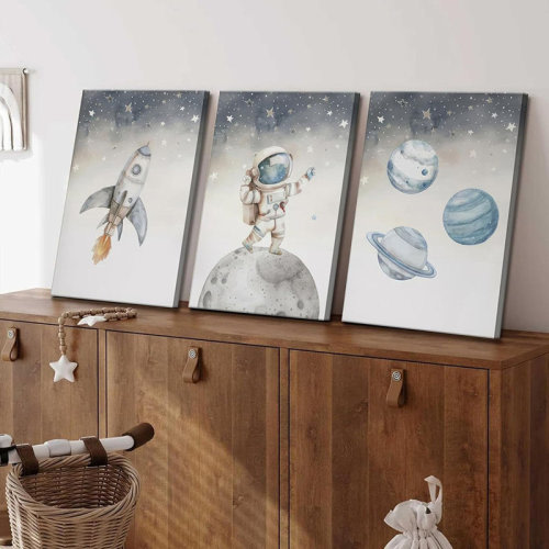 Trinx 3 Pcs Space Nursery Canvas Wall Art Whimsical Outer Space Astronauts Kid Painting Pictures Wall Decor Poster Print Artwork Room Room Kids Room Decoration | Wayfair