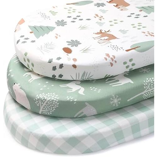 Baby Bassinet Sheets Boy Girl, 3 Pack Fitted Bassinet Mattress Sheets, 32”x16” Universal Fit for Cradle Moses Basket Oval Rectangle Round Hourglass Mattress, Super Soft Green Forest Bear