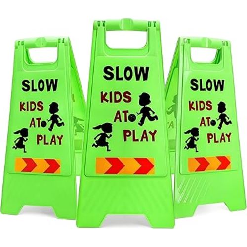 3 Pack Kids Playing Signs for Street, Reflective Slow Down Alert Sign with Double Sided Text Graphics, Highly Visible Children Safety Warning Signs for Neighborhoods, Yards, Driveways
