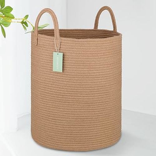 Large Jute Laundry Hamper Basket for Clothes 65L, Nursery Hamper, Blanket Basket, Clothes Basket Laundry, Boho Tall Rope Baskets, Woven Basket, Toy Basket, 16”x 20”, Jute