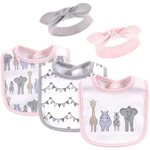 Hudson Baby Infant Girl Cotton Bib And Headband Set 5pk, Pink Safari, One Size