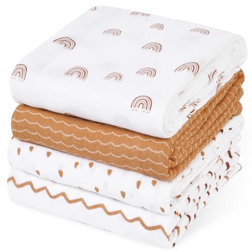 david's kids 4 Pack Baby Muslin Swaddle Blankets, 100% Cotton and Ultra Soft Breathable Receiving Blanket Wrap for Boys Girls, New Born Essentials, Large 47 x 47 inches, Rainbow/Wave