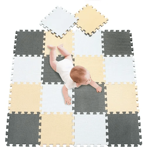 meiqicool Foam Play Mat Thick Soft EVA Interlocking Foam Floor Mats Children Yoga Exercise Multi Jigsaw Puzzle Blocking Board Kids Playmats Play White-Beige-Grey 18 Piece AJL