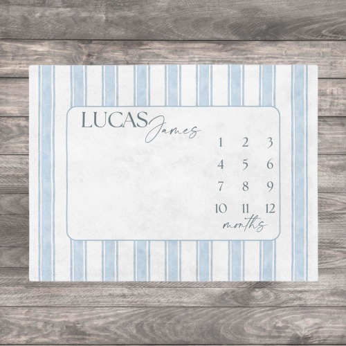 Blue Striped Baby Boy Milestone Blanket, Watercolor Monthly Growth Mat, Personalized Month Blanket, Baby Shower Gift