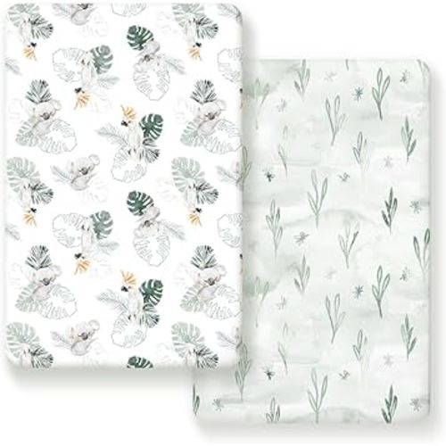 GRSSDER Stretch Ultra Soft Jersey Knit Fitted Pack n Play Playard Sheets Set 2 Pack,Fits Portable/Mini Cribs Sheets, Playards Mattress Pads, Stylish Watercolor Animals for Baby, Mint Green