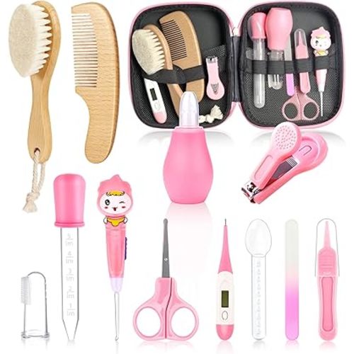 Baby Healthcare and Grooming Kit,Baby Wooden Hair Brush and Comb Set,Wooden Baby Brush with Soft Goat Bristle,Health Care Set with Hair Brush Scale Measuring Spoon Nail Clippers (Pink)