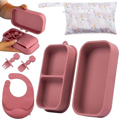 Travel Silicone Baby Feeding Set - Portable Toddler Plates with Suction, Soft Baby Spoon & Fork, Lightweight Foldable Silicone Bib & Waterproof Storage Bag – 6 Piece Set (dark pink)
