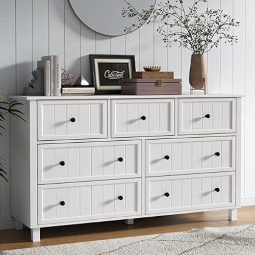 Farmhouse 7 Drawers Dresser for Bedroom, White Dresser Chest of Drawers, Wood Storage Dressers with Deep Drawers and Metal Handle, Wide Modern Dressers & TV Stand for Living Room, Closet, Hallway