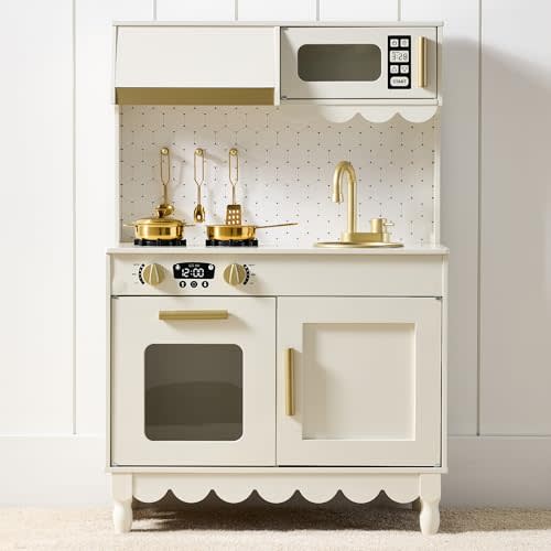 Best Choice Products Wooden Pretend Play Cottage Kitchen Kids Toy w/Storage, Scalloped Edge, 5 Accessories, Microwave, Oven, Clicking Knobs - Cream