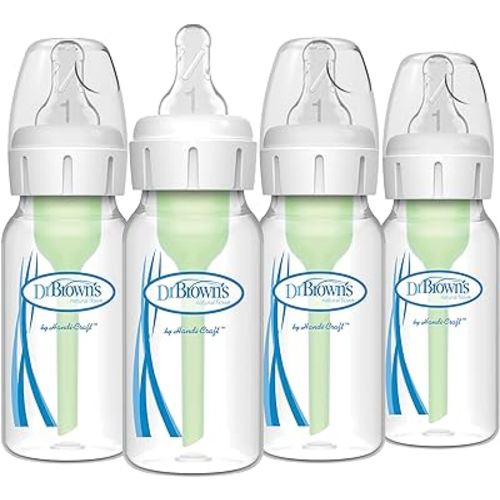 Dr. Brown's Natural Flow Anti-Colic Options+ Narrow Baby Bottle, 4 oz/120 mL, with Level 1 Slow Flow Nipple, 0m+, 4 Bottles