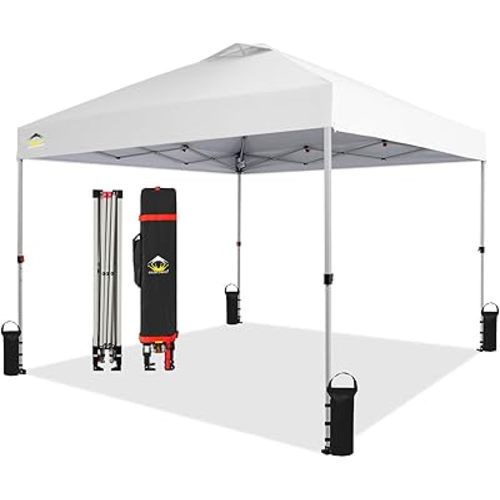 CROWN SHADES 10x10 Pop Up Canopy - Beach Tent with One Push Setup - Easy Outdoor Sun Shade for Events, Parties, Camping - Gazebo with STO-N-Go Cover Bag, Silver Coated Top, White