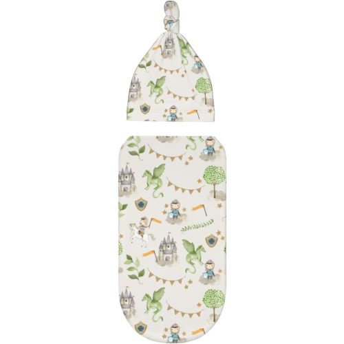 Cute Knight Cartoon Dragon Watercolor Grey Newborn Swaddle Blankets Hat Sets Receiving Blanket Gifts for Infant Baby Boy Girl (0-6 Months)