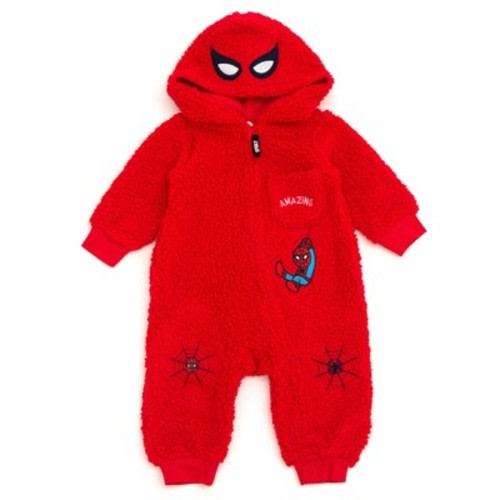 Marvel Avengers Spider-Man Newborn Baby Boys Cozy Faux Sherling Zip Up Cosplay Coverall Red 0-3 Months