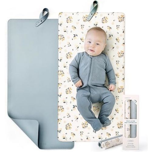 GRSSDER Vegan Leather Baby Changing Mat 2 Packs(14 x 27 in) - Multipurpose Thickened Wipeable Diaper Mat with Strap, Roll-Up Portable Travel Changing Pad, No Crease Design, (Fresh Lemon, Light Blue)