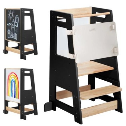 HARPPA Foldable Toddler Tower with Adjustable Height and Anti-Slip Protection, Kids Standing Tower with Safety Rail, Nordi Kids Kitchen Tower with Chalkboard, Black