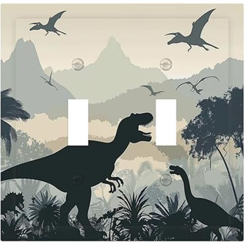 Decorative Switch Plates Prehistoric World Dinosaur Cartoon Fores 2 Gang Double Toggle Outlet Light Switch Cover Wall Plate Electrical Faceplate for Kids Room Nursery Decor