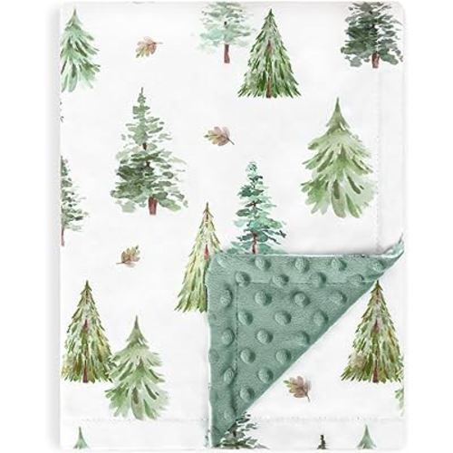 HOMRITAR Baby Blanket for Boys Soft Lightweight Minky Blanket with Double Layer Dotted Backing for Infant Toddler Nursery Crib with Green Pine Tree Design 30 x 40 Inch