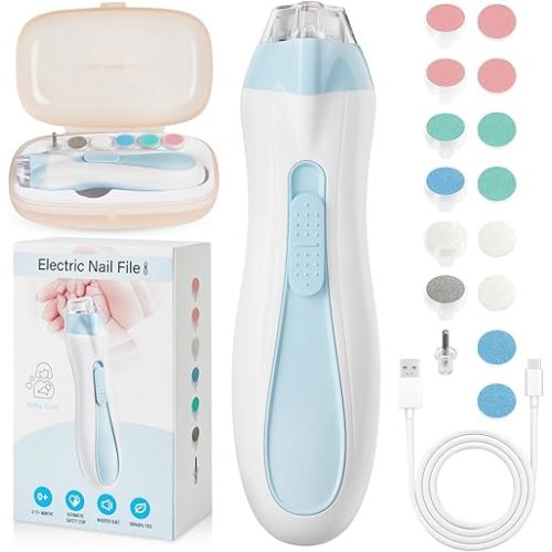 Baby Nail File Electric - Rechargeable Baby Nail Clippers, 15 in 1 Gentle Baby Nail Trimmer Electric with Light and 15 Grinding Pads, Baby Nail Care Set for Infant Toddler, Blue