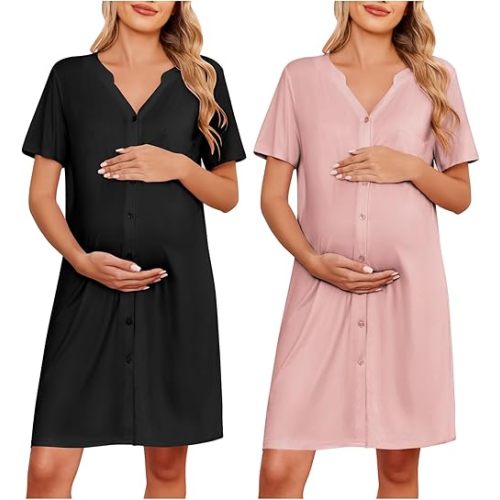 Ekouaer 2 Pack Maternity Nightgown Button Down Nursing Gown 3 in 1 Breastfeeding Sleepwear V Neck Short Sleeve Delivery Dress