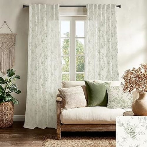 Light Green Farmhouse Curtains for Living Room 96 Inch Length,Neutral Grey Green Toile Floral French Country Flowy Curtains for Living Room Bedroom