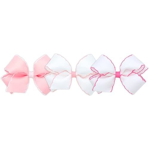 Wee Ones Girls' Medium Moonstitch Grosgrain Bow 3 pc. Variety Pack Set on WeeStay No-Slip Hair Clip