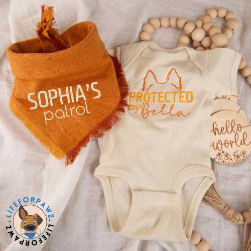 Personalized Dog Bandana and Baby Bodysuit Set – Custom Dog Breed Baby Bodysuit & Personalized Dog Bandana – Pet and Baby Matching Set