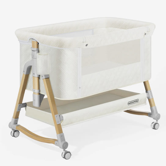 HARPPA Cuddly 3-in-1 Baby Bassinet Bedside Sleeper for Reflux | Attaches to Bed, Adjustable 5 Heights, Non-Toxic & CPSC Certified | Sturdy Aluminum Frame, Portable Wheels, Tool-Free Setup, Gentle Rocking | Perfect for Newborns, Infants, Small Spaces & Saf