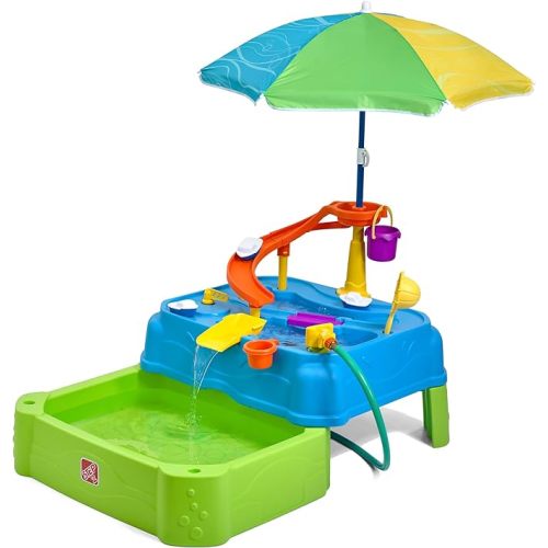 Step2 Waterpark Wonders Two-Tier Water Table, Kids Water Activity Sensory Playset, Comes with Umbrella, Summer Outdoor Toys, 11 Piece Toy Accessories, for Toddlers 1.5+ Years Old