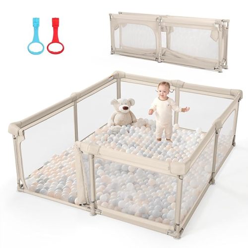 Baby Playpen,79"x71" Foldable Playpen for Babies and Toddlers with Gate,Large Play Pen with Zipper Door,Baby Play Pen Play Area(Khaki)
