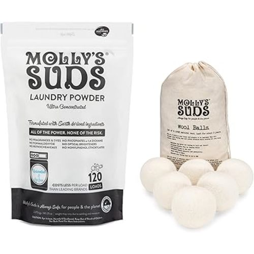 Molly's Suds Unscented Laundry Detergent Powder (120 Loads) & XL Wool Dryer Balls (White) Bundle