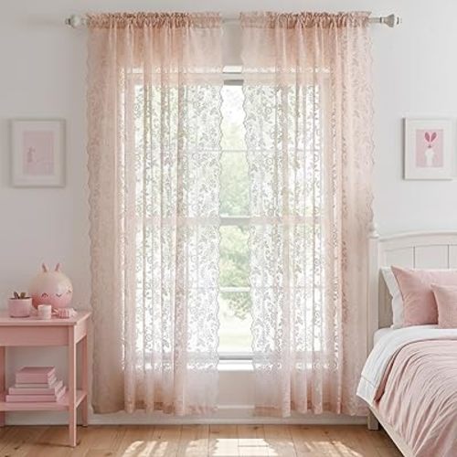 FINECITY Blush Lace Curtains 84 Inch Length - Rustic Country Floral Design Lace Curtain 2 Panels Set for Girls Bedroom, Privacy Scalloped Vintage Lace Window Curtains, 52 x 84 Inch, Blush Pink