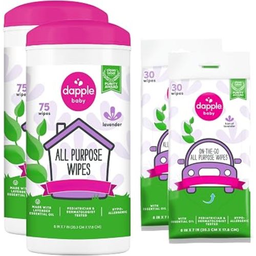 Dapple Baby All Purpose Cleaning Wipes - (2 Pack) 75 Count Canisters + (2 Pack) 30 Count Pouches - Plant-Powered & Hypoallergenic - Lavender Scent - Baby Essentials