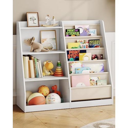 35.4" Kids Bookshelf and Toy Storage, 6 Layer Fabric Toddler Bookshelf, Kids Toy Storage Organizer, Sling Kids Bookcase, for Playroom, Bedroom, Nursery, Classroom, White MCW05WT