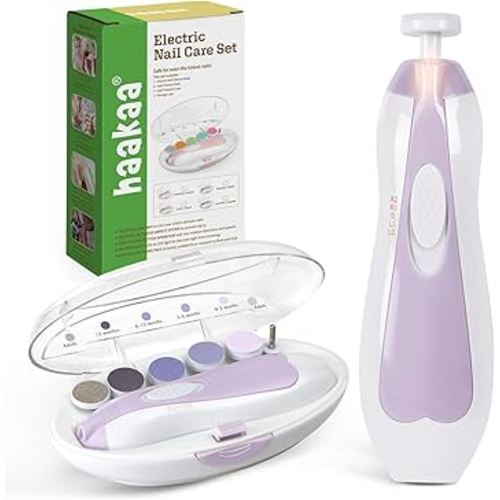 haakaa Baby Nail Trimmer Electric Baby Nail File Kit with LED Light, Baby Nail Clippers for Newborn/Infants/Adults Toenails and Fingernails, 6 Replacement Heads & Storage Case, Lavender