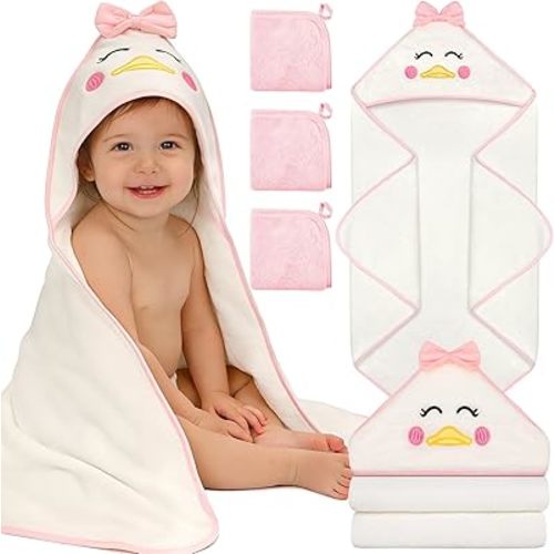 4 PCS Baby Towels Set, Soft Baby Towels and Washcloths Set, 1 Hooded Baby Towel and 3 Baby Washcloths for Newborns, Toddlers, and Kids, 32x32 Baby Towel with Hood for Boy and Girl (Pink Duck)