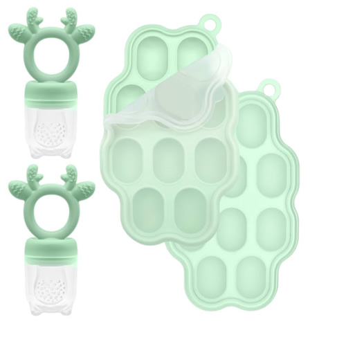 2 Sets Silicone Breastmilk Popsicle Molds with Baby Food Feeder, BPA Free Fruit Feeder Pacifier with Frozen Ice Tray for Baby Feeding Safely, Infant Fruit Teething Toy for Baby Boy Girl Gifts (Green)