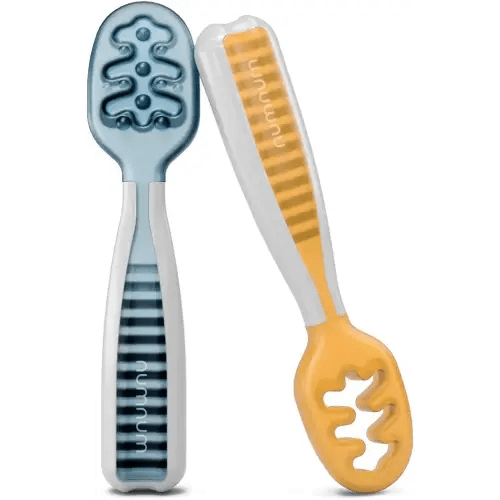 NumNum Baby Spoons Set, Baby Essentials Pre-Spoon GOOtensils for 6+ Months, First Stage Self-Feeding Spoons for Baby Led Weaning (BLW), Silicone Toddler Utensils, BPA-Free, 2 Pack Blue/Orange