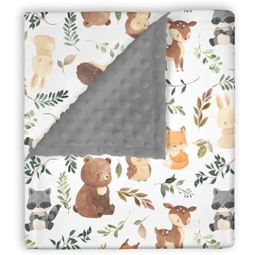 Mink Baby Boy Girl Blanket Woods Forest Animal Friends, Gray Bear Deer Owl Fox Soft Double Layer Dotted Backing Receiving Swaddle, Newborn Infant Toddler Nursery Crib Bedding Shower Gift 30x40