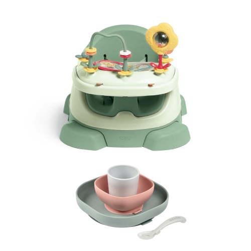 Bug 3-in-1 Floor & Booster Seat with Activity Tray & Béaba Silicone Meal Weaning Set Bundle - Eucalyptus / Pink