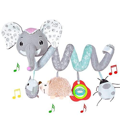 ORZIZRO Car Seat Toys, Baby Activity Spiral Hanging Toys for Stroller Car Seat Crib Bar Bassinet Mobile, Musical Elephant Toys for Newborn Infant Boys Girls 0 3 6 12 Months