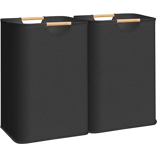 STORAGE MANIAC 2-Pack Large Laundry Hamper, 80L (21.1 Gal) Collapsible Laundry Basket with Bamboo Handles, Freestanding Waterproof Clothes Hamper for Laundry Room, Bedroom, Dorm, Towels, Toys, Black