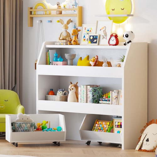3-Tier Portable Toy Storage, Kids Toy Organizer W/2 Removable Bins with 4 Wheels(White)
